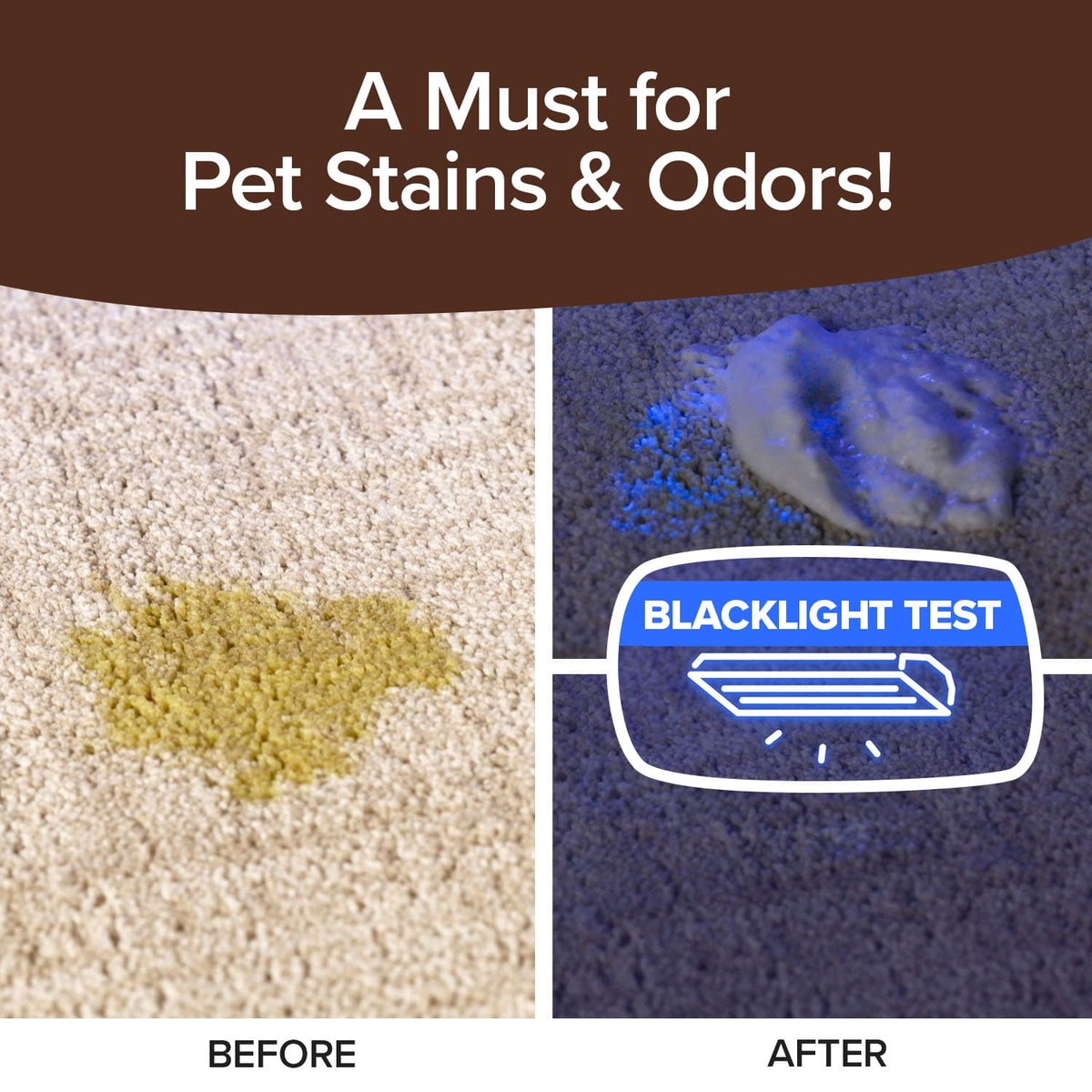Split image showing Bull Shot Carpet stain remover in action. Left: yellow pet stain on carpet, labeled Before. Right: same spot under blacklight, stain is gone, labeled After. Text: Bull Shot Carpet—Pet safe and passes the Blacklight Test!.