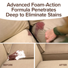 A person cleans a large red stain on a beige couch with Bull Shot Carpet. Text reads: Advanced Foam-Action Formula with Odor Neutralizer penetrates deep to eliminate stains. Before and after images show the stain gone.