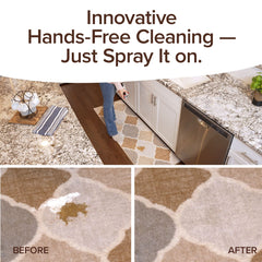 A person sprays Bull Shot Carpet on a stained kitchen rug. Text above reads: Innovative Hands-Free Cleaning — Just Spray It on. Below are before and after images of the rug, showing stains vanished with Bull Shot Carpet.