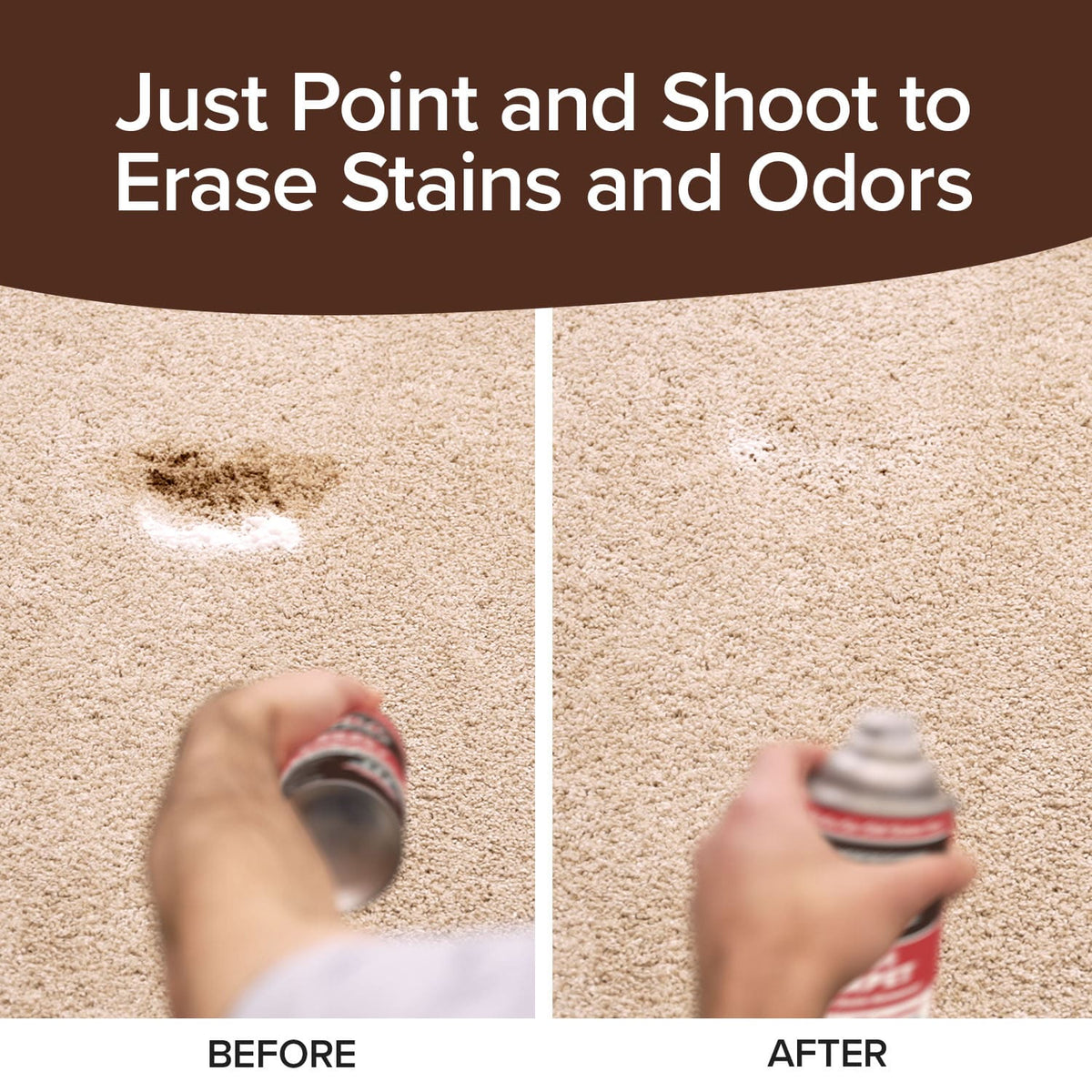 A hand sprays Bull Shot Carpet onto a carpet stain in the before image; the after image shows the area clean. Text above reads, Just Point and Shoot to Erase Stains and Odors.