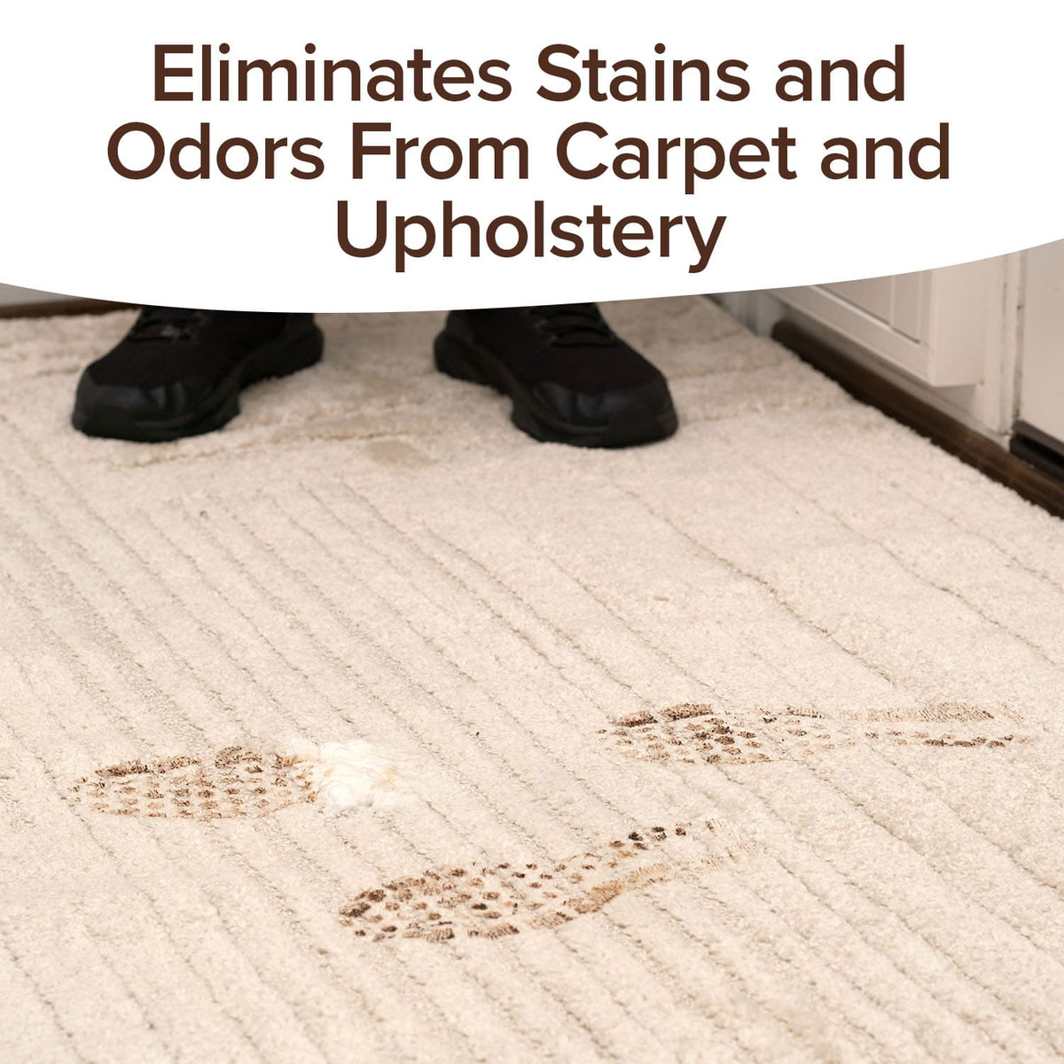 A person in black shoes stands on a light carpet with brown muddy footprints. Text above reads: Bull Shot Carpet—pet-safe stain remover and odor neutralizer eliminates stains and odors from carpet and upholstery.