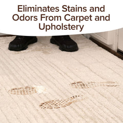 A person in black shoes stands on a light carpet with brown muddy footprints. Text above reads: Bull Shot Carpet—pet-safe stain remover and odor neutralizer eliminates stains and odors from carpet and upholstery.