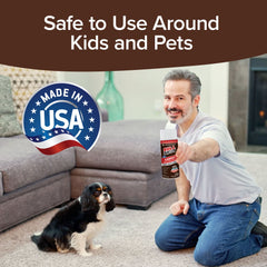 A man kneels on a carpet next to a small dog, holding a can of Bull Shot Carpet stain remover. Text reads, Safe to Use Around Kids and Pets. A Made in USA badge is also shown.