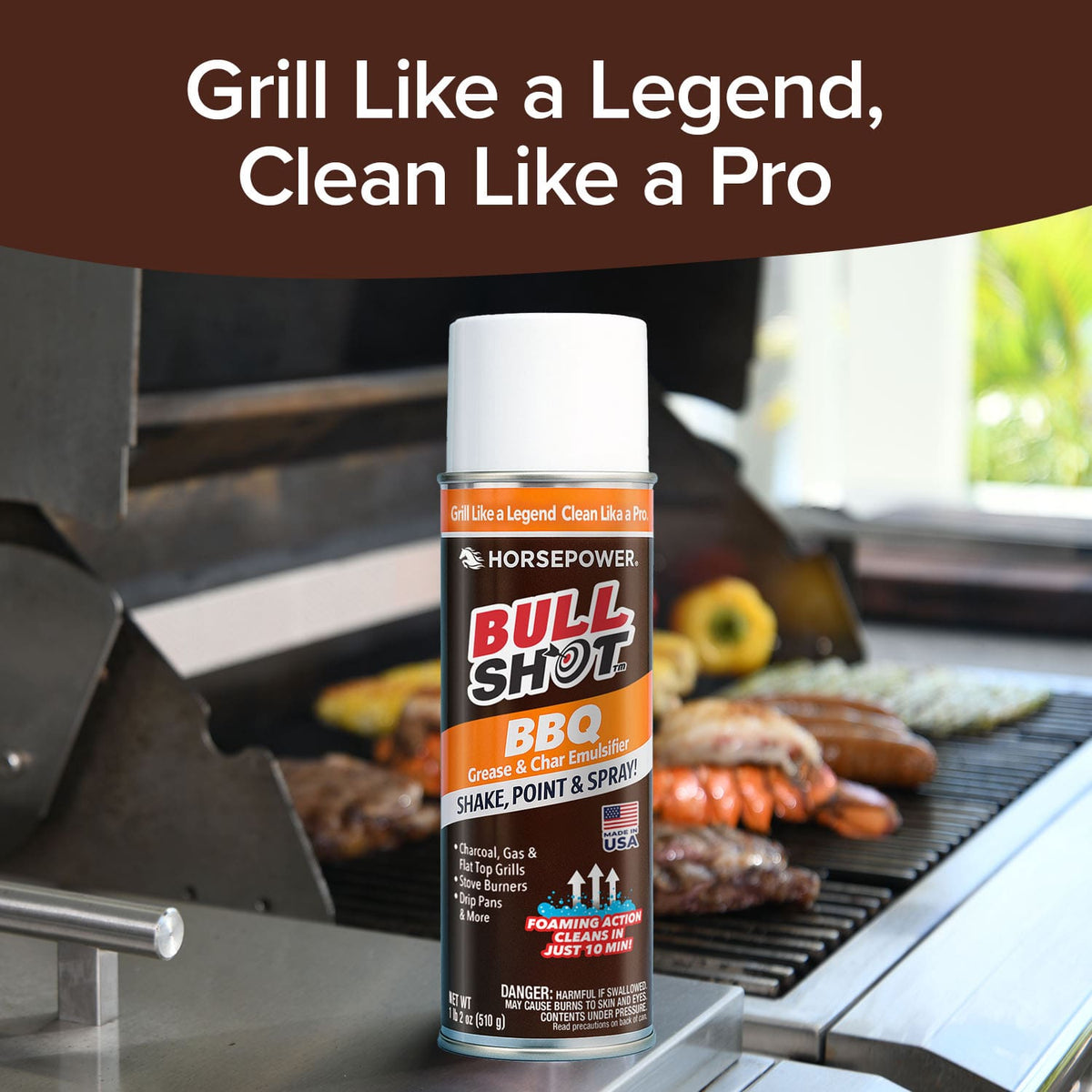 A can of Bull Shot BBQ is in focus near a grill with meats and veggies sizzling. The text “Grill Like a Legend, Clean Like a Pro” appears above. Experience powerful nano-formula cleaning for your BBQ!.