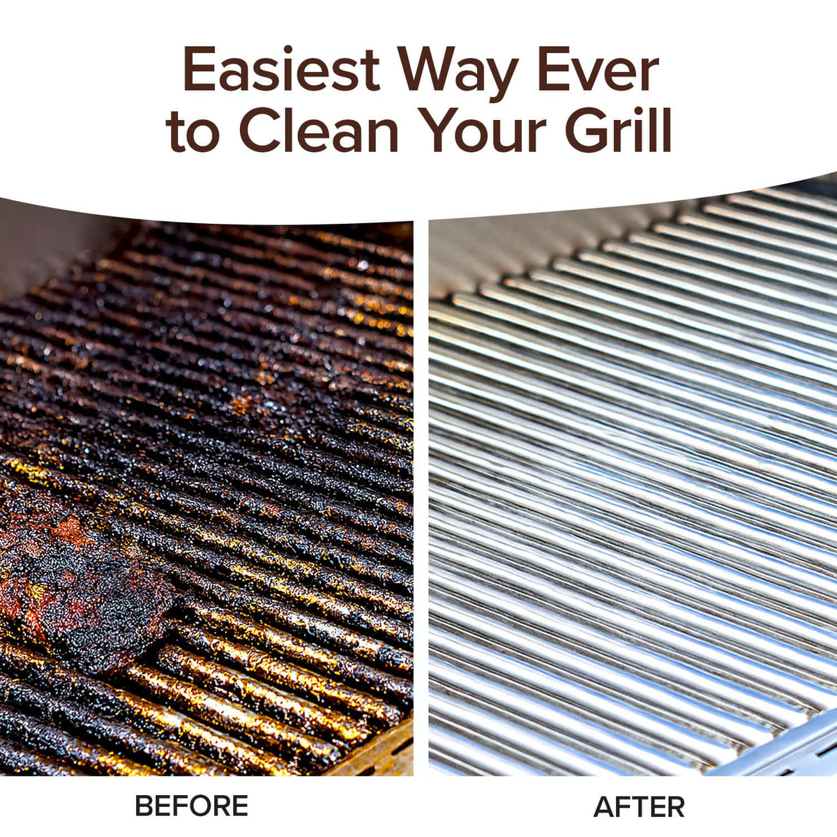 Side-by-side grill grates show a dirty “Before” on the left and a clean “After” on the right, highlighting Bull Shot BBQ foam cleaner with the text “Easiest Way Ever to Clean Your Grill” above.