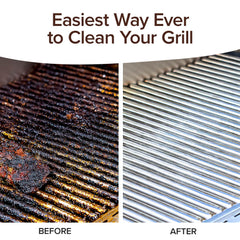 Side-by-side grill grates show a dirty “Before” on the left and a clean “After” on the right, highlighting Bull Shot BBQ foam cleaner with the text “Easiest Way Ever to Clean Your Grill” above.
