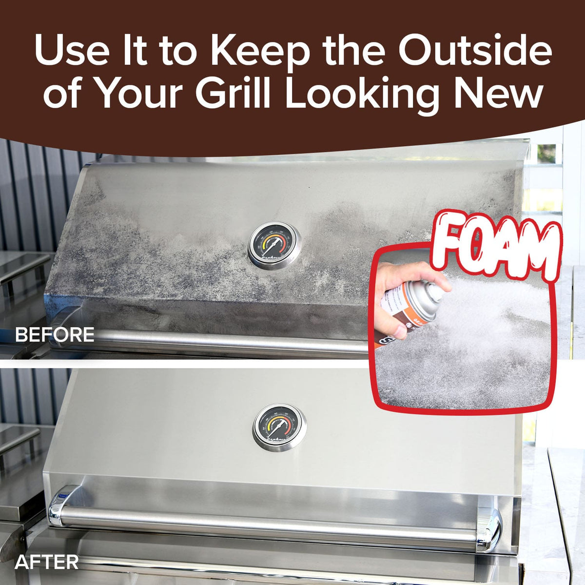 A stainless steel grill lid is shown dirty, then spotless after using Bull Shot BBQ. An inset shows the spray can in use. Text at top: Use It to Keep the Outside of Your Grill Looking New.