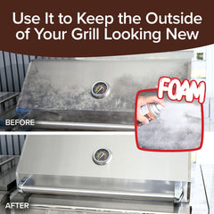 A stainless steel grill lid is shown dirty, then spotless after using Bull Shot BBQ. An inset shows the spray can in use. Text at top: Use It to Keep the Outside of Your Grill Looking New.