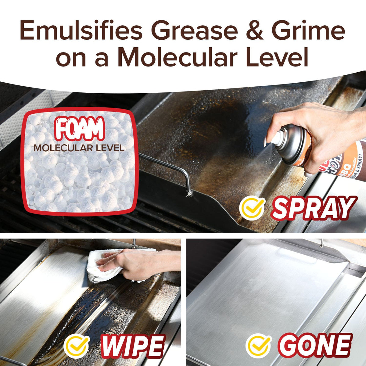 Clean your BBQ in three steps with Bull Shot BBQ: spray the nano-formulated foam on grease, wipe with a cloth, and reveal a spotless shine. Text reads, Emulsifies Grease & Grime on a Molecular Level.