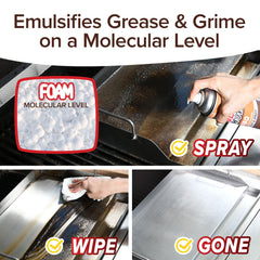 Clean your BBQ in three steps with Bull Shot BBQ: spray the nano-formulated foam on grease, wipe with a cloth, and reveal a spotless shine. Text reads, Emulsifies Grease & Grime on a Molecular Level.