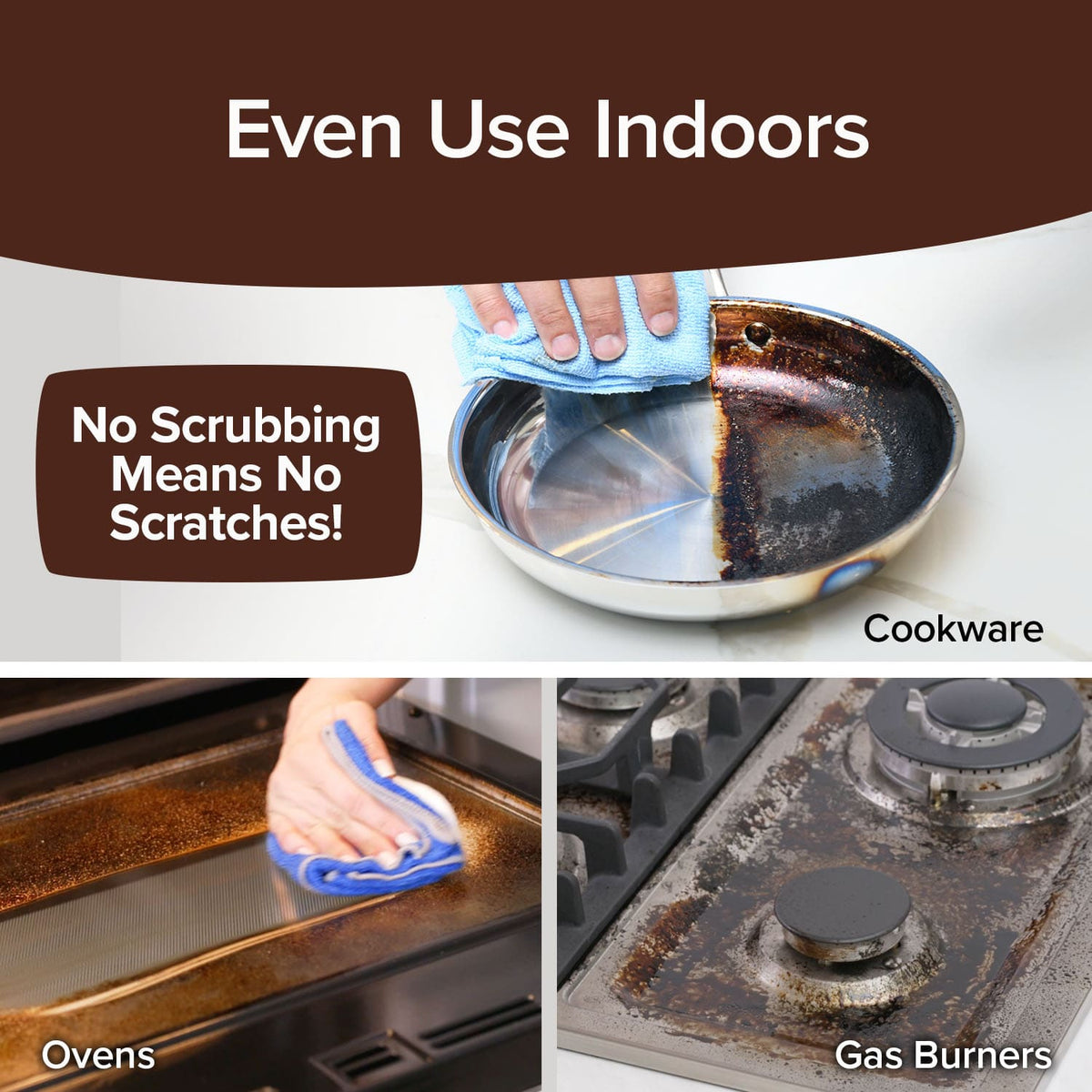 A person cleans cookware, oven surfaces, and gas burners with a blue cloth using Bull Shot BBQ (backup) foam cleaner. Text reads: “Even Use Indoors. No Scrubbing Means No Scratches!” Items labeled Cookware, Ovens, Gas Burners.