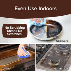A person cleans cookware, oven surfaces, and gas burners with a blue cloth using Bull Shot BBQ (backup) foam cleaner. Text reads: “Even Use Indoors. No Scrubbing Means No Scratches!” Items labeled Cookware, Ovens, Gas Burners.