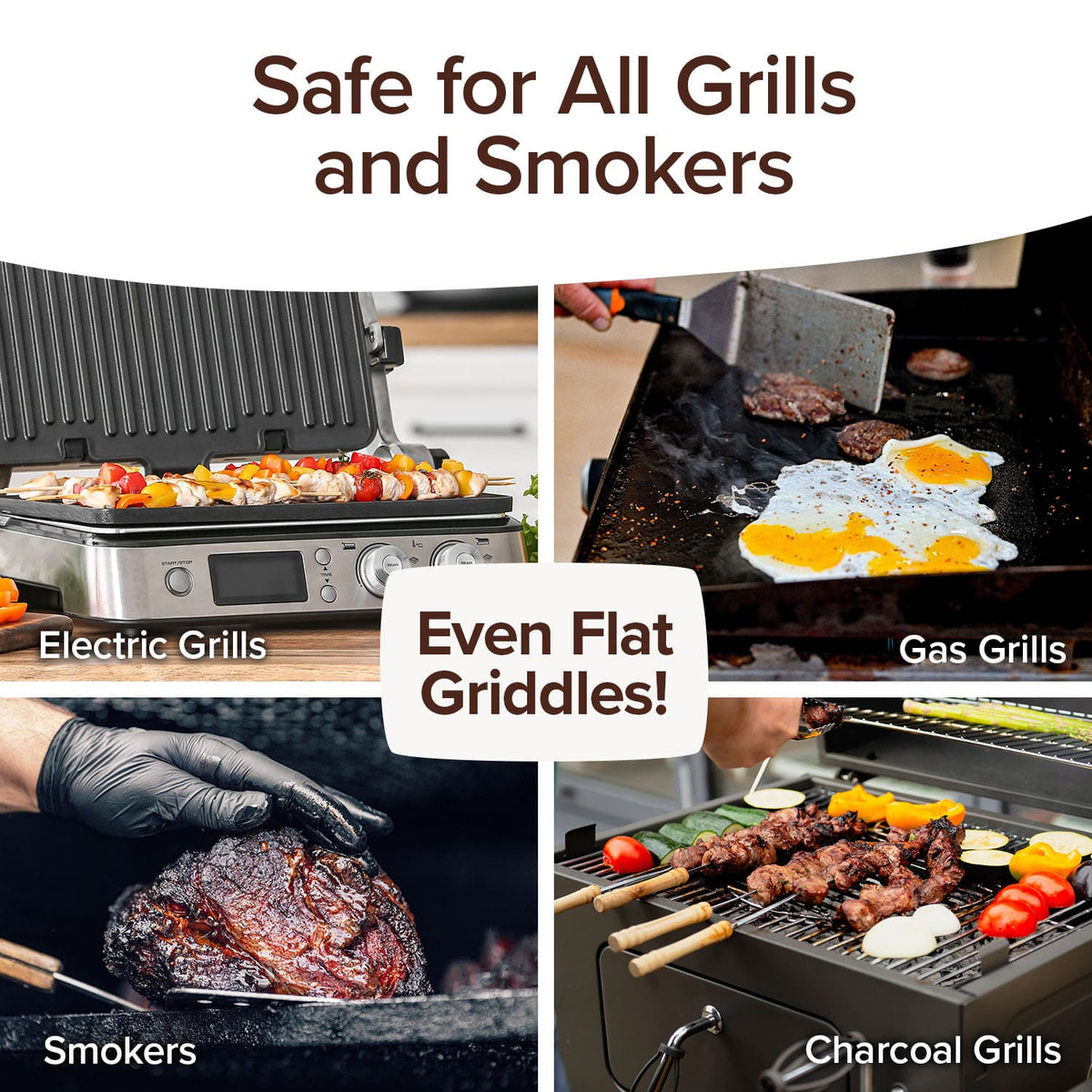 A collage shows Bull Shot BBQ (backup) next to an electric grill with skewers, a gas grill with eggs and burgers, a smoker with meat held by a gloved hand, and a charcoal grill—demonstrating compatibility with all these grills.