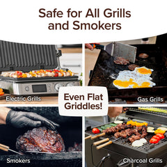 A collage shows Bull Shot BBQ (backup) next to an electric grill with skewers, a gas grill with eggs and burgers, a smoker with meat held by a gloved hand, and a charcoal grill—demonstrating compatibility with all these grills.