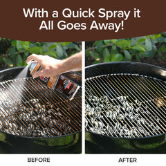 Split image shows a grill grate being sprayed with Bull Shot BBQ (backup) on the left (before), and the same grate spotless on the right (after). Text above reads, With a Quick Spray it All Goes Away!.