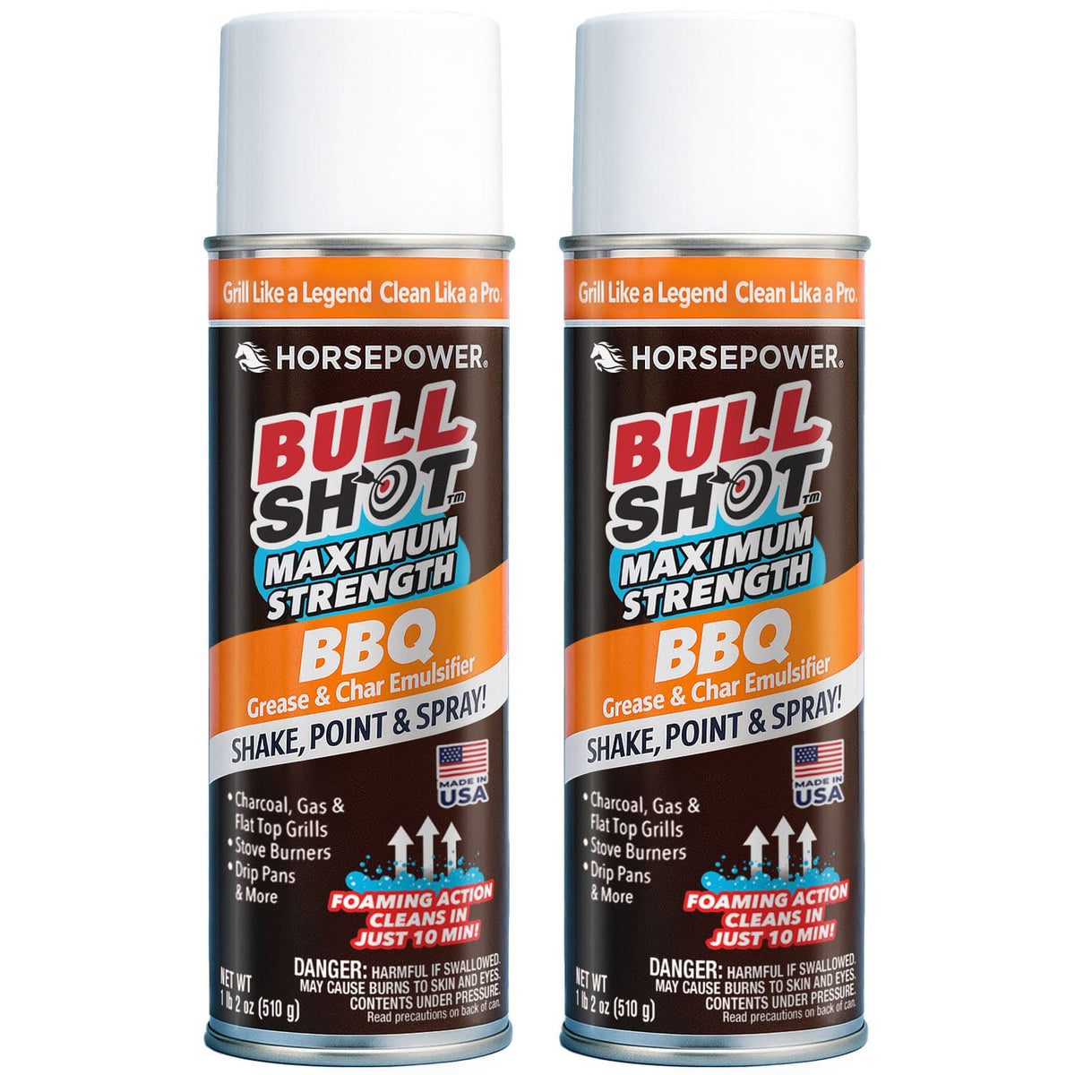 Two cans of Bull Shot BBQ (backup), a powerful foam cleaner with orange, white, and black labels. Each 12 oz can delivers fast foaming action for spotless BBQ grills.