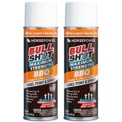 Two cans of Bull Shot BBQ (backup), a powerful foam cleaner with orange, white, and black labels. Each 12 oz can delivers fast foaming action for spotless BBQ grills.