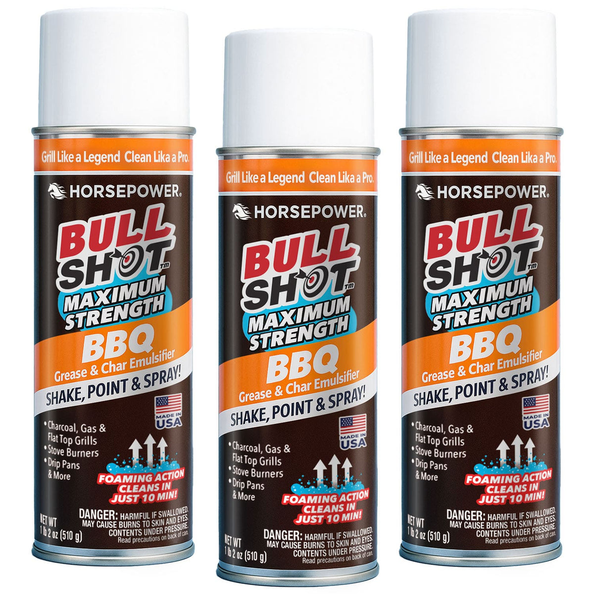 Three cans of Bull Shot BBQ (backup) are shown. The mostly black, orange, and white cans feature a spray nozzle, foaming action, and promise to clean grills in 10 minutes.