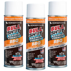 Three cans of Bull Shot BBQ (backup) are shown. The mostly black, orange, and white cans feature a spray nozzle, foaming action, and promise to clean grills in 10 minutes.