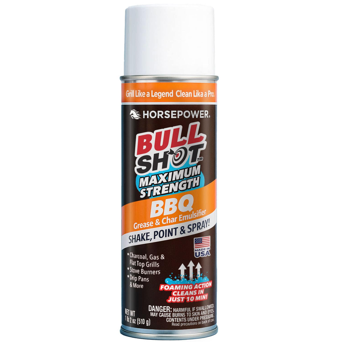 A can of Bull Shot BBQ (backup) foam cleaner with an orange and brown label. Shake, point, spray—this maximum strength cleaner removes grime from grills, oven burners, and grill pans.