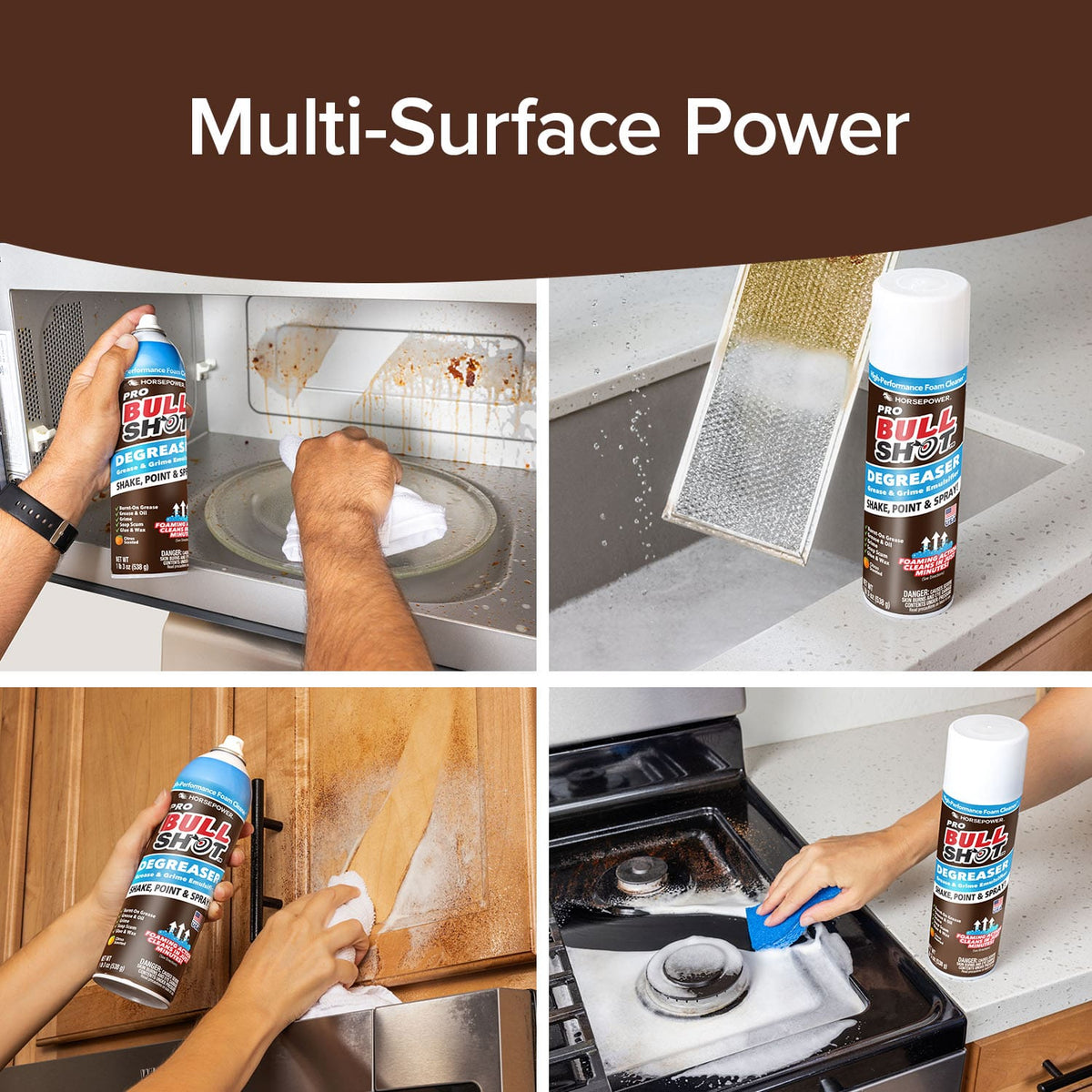 Bull Shot Multi-Surface Power cleaner being used on various kitchen surfaces.