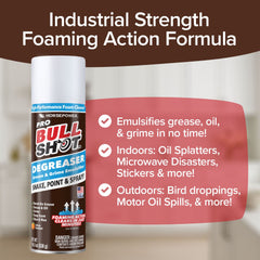 Bull Shot degreaser spray can with text highlighting its industrial strength foaming action formula.