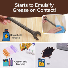Product advertisement showing a wrench with household grease, crayons and markers, and oil on a wooden surface.