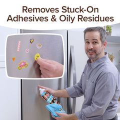 Person cleaning a refrigerator with a cleaning solution, with text indicating product features.