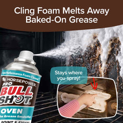 A can of Bull Shot Oven sprays foam inside an oven to dissolve baked-on grease. An inset shows a hand applying foam with the text: Cling Foam melts away baked-on grease like a powerful foaming carpet cleaner!.