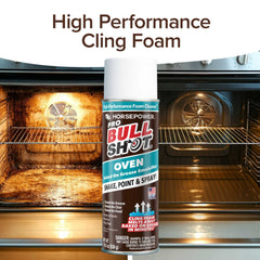 A can of Bull Shot Oven cleaner sits before an open oven with clean racks. The text above reads “High Performance Cling Foam.” This pet-safe cleaner tackles baked-on grease and food stains.