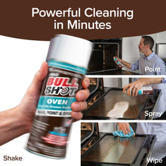 A can of Bull Shot Oven cleaner is shown: shake, spray on dirty oven, then wipe. Pet-safe and powerful, it cleans in minutes. A man demonstrates the three-step process. Text: “Powerful Cleaning in Minutes.”.