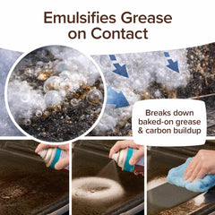Close-up of Bull Shot Oven foaming cleaner spraying onto a greasy oven surface, instantly breaking down baked-on grease. Sequence shows spray, wipe, and clean results. Text reads: Emulsifies Grease on Contact.