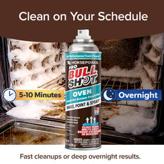 A can of Bull Shot Oven cleaner sits before an open oven, highlighting quick cleanups in 5–10 minutes or powerful overnight cleaning for baked-on grease—formulated to be pet safe for added peace of mind.
