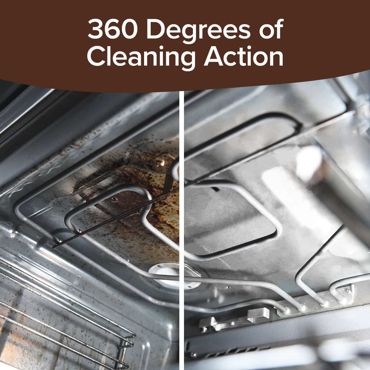 Inside view of the Bull Shot Oven, split to reveal one dirty, stained side and one clean, shiny side. Text above reads: 360 Degrees of Cleaning Action—for spotless results like our pet safe carpet stain remover.