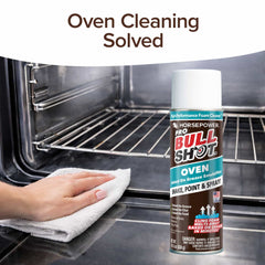 A hand cleans a spotless oven beside a can of Bull Shot Oven. Text above: Oven Cleaning Solved—with a pet-safe formula as tough on stains as top carpet stain removers.