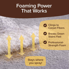 Bull Shot Pet Stains foaming cleaner clings to carpet fibers, breaks down stains fast with professional-strength foam, and its pet-safe formula stays exactly where you spray! Arrows highlight upward action on stains.