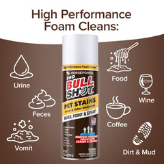 A can of Bull Shot Pet Stains, a powerful pet-safe carpet stain remover, is shown with icons and text for cleaning urine, feces, vomit, food, wine, coffee, and dirt/mud on a brown background with white illustrations and bold headings.