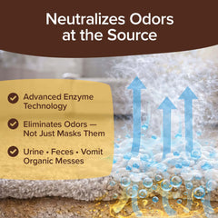A graphic shows arrows rising from a carpet cleaned with Bull Shot Pet Stains, illustrating the removal of urine, feces, vomit, and organic odors via advanced enzyme technology. Text highlights its pet-safe foaming spot cleaner formula.