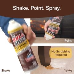 A person shakes, points, and sprays Bull Shot Pet Stains, a pet-safe foaming spot cleaner, on a carpet stain. Text reads: Shake. Point. Spray. and No Scrubbing Required.