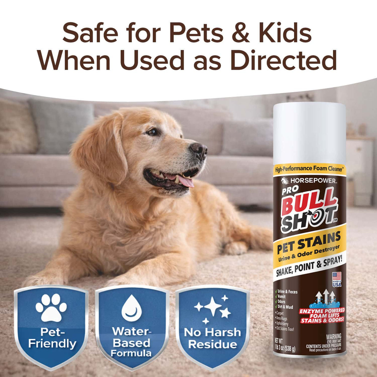A happy dog lies on a carpet beside Bull Shot Pet Stains. This water-based, pet-friendly spot cleaner is safe for pets and kids, leaves no harsh residue, and is your go-to carpet stain remover!.