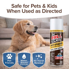 A happy dog lies on a carpet beside Bull Shot Pet Stains. This water-based, pet-friendly spot cleaner is safe for pets and kids, leaves no harsh residue, and is your go-to carpet stain remover!.