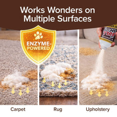 Three panels show Bull Shot Pet Stains foaming spot cleaner sprayed on carpet, rug, and upholstery over yellow stains. Text reads "Works Wonders on Multiple Surfaces." A shield icon says "Enzyme-Powered." Safe for pets.