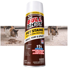 A can of Bull Shot Pet Stains carpet remover is shown beside a cat sniffing the carpet. The label highlights its enzyme-powered, pet safe formula that foams to lift urine and feces stains and odors.